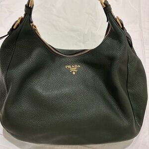 Prada Vitello Daino Leather Hobo Bag Dark Green Gold Hardware